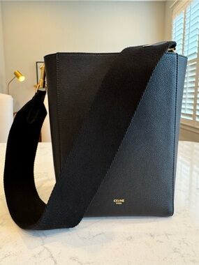 Celine small Sangle bucket bag in black grained calfskin